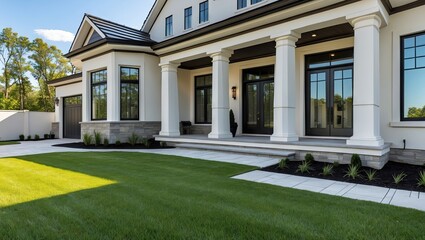 Fototapeta premium Luxury home exterior showcasing elegant columns, lush green yard, and modern architecture under clear blue skies, featuring well-maintained landscaping.