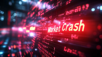 Bright red warning sign alerts of imminent market crash in digital display at late night trading