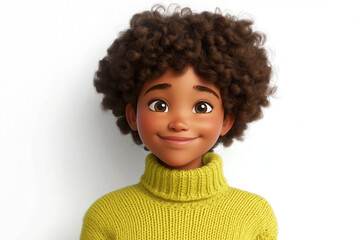 Happy smiling cartoon character young adult African woman girl person portrait wearing green sweater in 3d style design on white background. Human people feelings expression concept