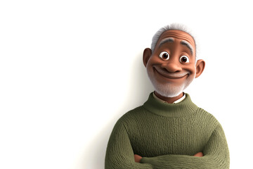 Happy smiling cartoon character old senior elder mature African man person portrait wearing dark green sweater in 3d style design on white background. Human people feelings expression concept