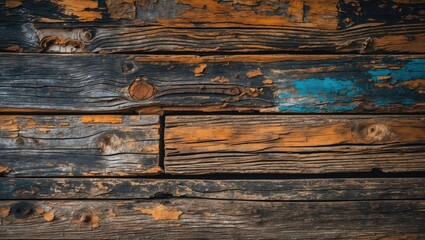 Aged wooden texture featuring dark brown and grey tones with blue accents, arranged horizontally to create a rustic background.