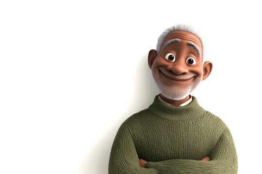 Happy smiling cartoon character old senior elder mature African man person portrait wearing dark green sweater in 3d style design on white background. Human people feelings expression concept