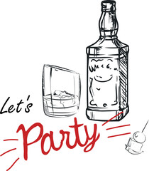 Poster for party, pub, restaurant menu. Vector brush drawing whiskey bottle, glass, snack, line art design