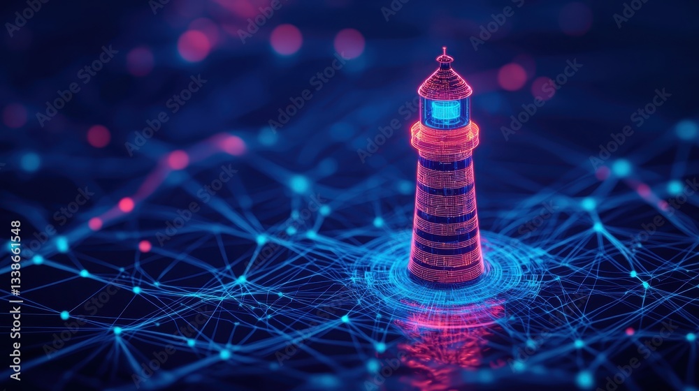 Poster futuristic digital lighthouse guiding through networked ocean of interconnected data and light patte