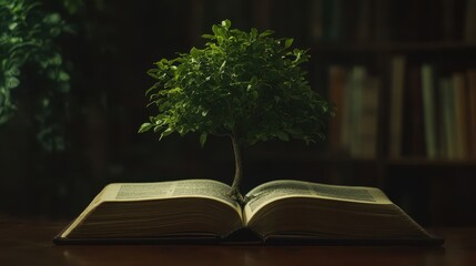 Tree Growing from Open Book Symbolizing Knowledge and Nature