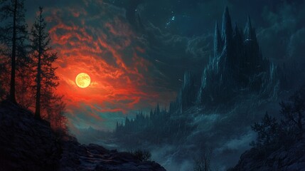 Obraz premium From Dusk to Midnight. Mystical Landscapes of Solitude, Fantasy, and Celestial Beauty