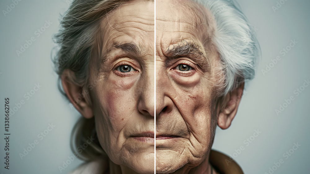 Poster This Two portraits split down the middle show different stages of aging, revealing genetic modifications.