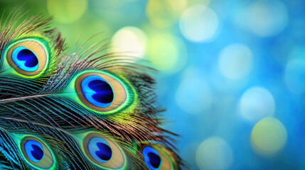 Obraz premium Peacock feathers with blue and green eye patterns against blurred bokeh background. Exotic bird concept for luxury decoration design and natural beauty inspiration