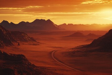 Naklejka premium A wide landscape of Mars, with mountains in the background and an orange sunset sky.