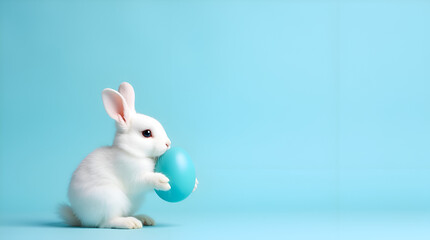 Adorable White Bunny with Easter Egg on Blue Background