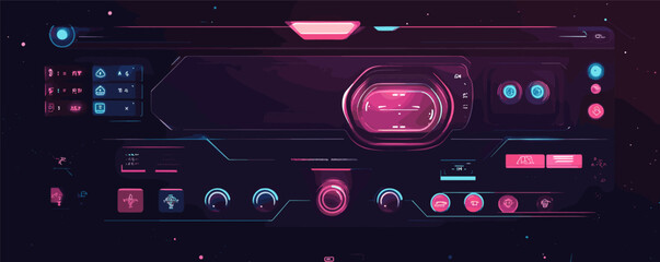 Futuristic space control panel with neon lights and digital interface in a sci-fi theme.