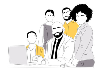 Business team members working together scene. Business men and women Meeting, brainstorming, discussing, taking part in business activities. Vector outline drawing on white background.