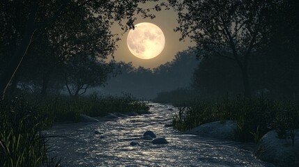 Enchanting Moonlit Grove with Flowing River - Serene Nature Landscape