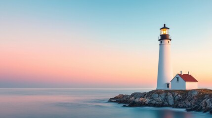 Serene Coastal Sunset with Tranquil Lighthouse on Rocky Shoreline under Soft Pastel Sky