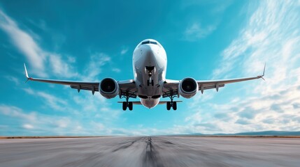A striking image of an airplane taking off against a stunning backdrop of clear blue skies, showcasing the power and elegance of aviation in flight.