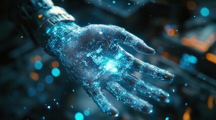 Digital art of a cybernetic hand in futuristic sci-fi virtual space
