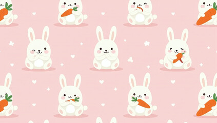 seamless pink pastel design featuring cute cartoon rabbit holding carrot kawaii style