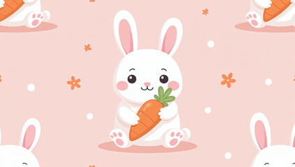 seamless pink pastel design featuring cute cartoon rabbit holding carrot kawaii style