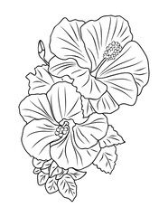 Fototapeta premium Hibiscus flower line art vector botanical illustration. Tropical blooms with leaves hand drawn black ink sketch. Modern design for logo, tattoo, wall art, invitations, cards, branding and packaging.