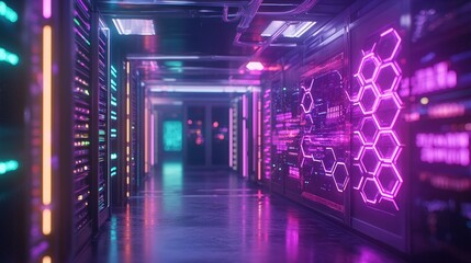 Cyber Realm: A futuristic server room pulses with vibrant neon lights, showcasing a technological marvel and data center.