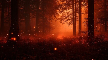 Eerie Dark Orange Red Foggy Forest Tree Landscape
