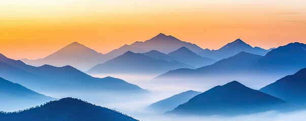 Obraz premium Misty mountains scenic view landscapes concept. Serene mountain range at sunset with mist and soft blue hues.