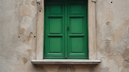 Fototapeta premium Vibrant green shuttered window on a weathered beige wall with peeling paint, centered above a stone ledge, capturing rustic charm and architecture.