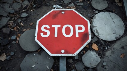 Red octagonal stop sign on cracked pavement with asphalt and gray stones, symbolizing the urgent need to address human rights violations and abuses.