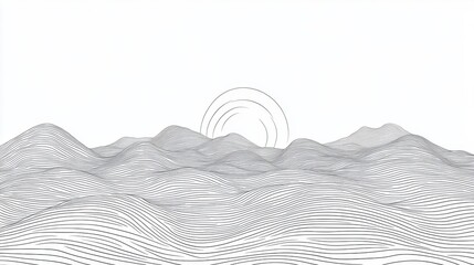Abstract Line Art Landscape with Sun, and Hills.