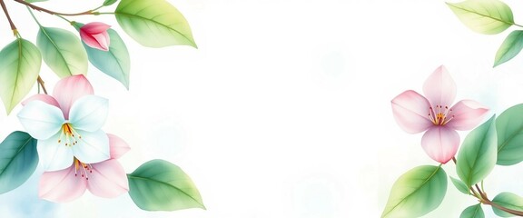 Fototapeta premium Zarte Aquarellillustration von rosa Kirschblütenzweigen und grünen Blättern auf hellem Hintergrund. Ideal für Frühlingsdesigns und botanische Hintergründe.