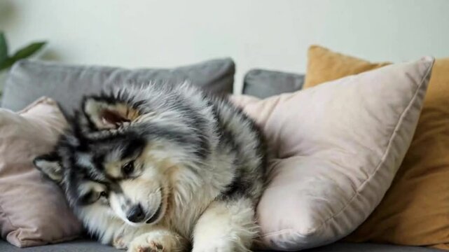 Fluffy Keeshond sprawled on a cozy couch, yawning and snuggling into soft pillows for the ultimate nap-time moment.
