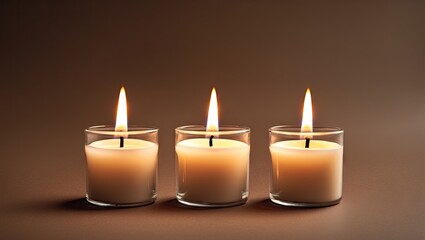 Three small white candles with flickering flames arranged in a row against a warm brown background creating a serene ambiance with ample copy space.