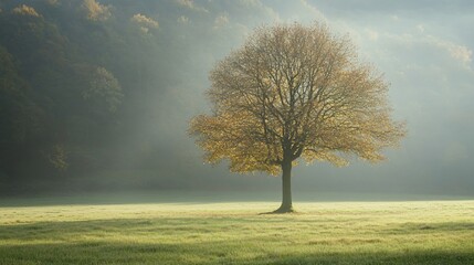 Serenity: Tree on Meadow on Cold Autumn Morning