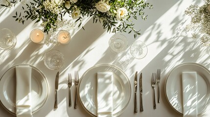 Elegant white table setting with floral arrangements and soft shadows