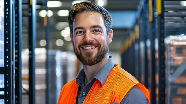 A logistics worker skillfully maneuvers a pallet stacker in a contemporary warehouse setting.