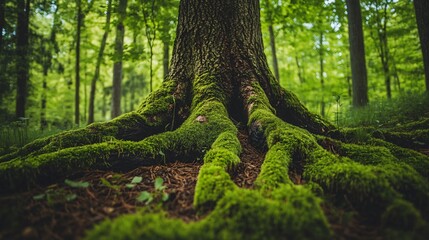Enchanting Tree with Moss on Roots in Lush Green Forest During Spring