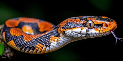 Obraz premium Vividly Colored Snake with Orange, White, and Black Scales Coiled on a Branch in Close-Up