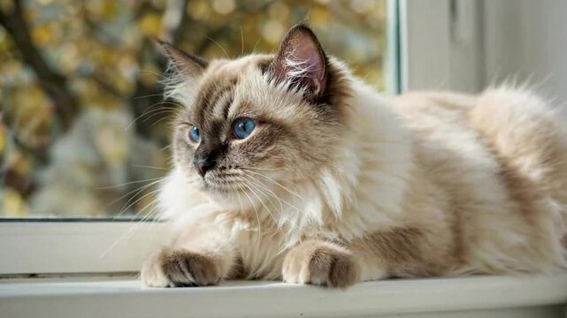 Elegant Birman cat basking in golden afternoon sunlight, stretching and curling up for a peaceful nap by the window with a dreamy autumn backdrop.