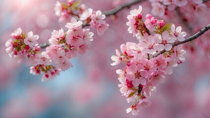 Obraz premium Delicate pink cherry blossoms in soft focus against a serene pastel background with blurred blue and pink hues enhancing floral beauty.