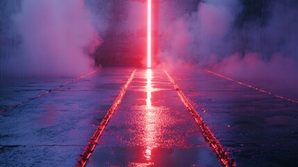 Vivid Neon Lights Reflecting on Wet Asphalt Surface with Smoke