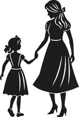 Elegant Mother and Daughter Holding Hands – Vintage Silhouette Vector for Mother’s Day