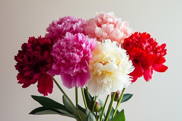 Vibrant Arrangement of Terry Peonies in Various Colors Displayed Against a Neutral Background Generative AI