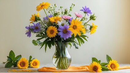 Colorful summer flowers in a glass vase with green leaves on a light background, surrounded by sunflowers and an orange fabric detail.