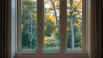 Bright vertical window framed in white, revealing lush green trees and golden autumn leaves outside, set against a soft, neutral background.