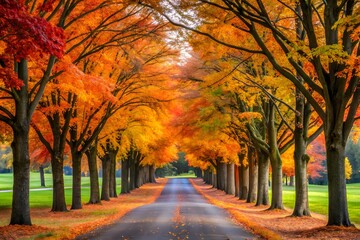 Fototapeta premium Autumn park road with trees and colorful leaves