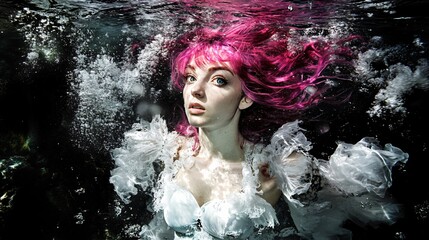 Enchanting Mermaid with Pink Hair in Elegant White Dress Underwater