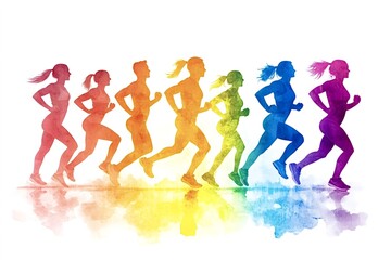 Rainbow colored silhouettes of athletes running representing concepts of diversity, inclusion, and equality in sports and physical activity, with reflection
