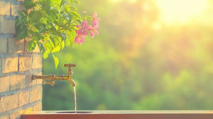 Flowing water from tap outdoor garden nature scene sunset light