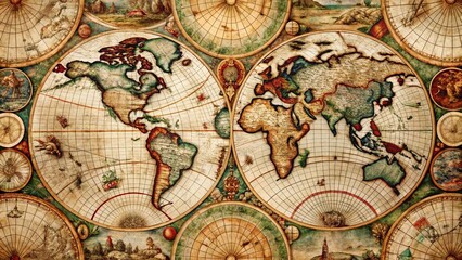 Fototapeta premium Vintage World Map Fragments: Overlapping Antique Cartography Pattern