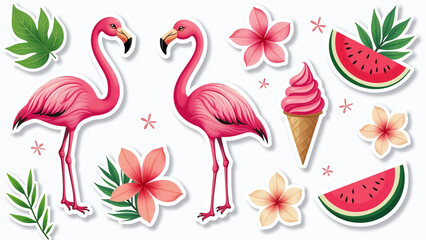 Obraz premium summer stickers feature flamingos ice cream tropical elements like leaves plumeria